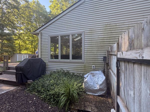 House siding covered in algae and dirt before exterior cleaning